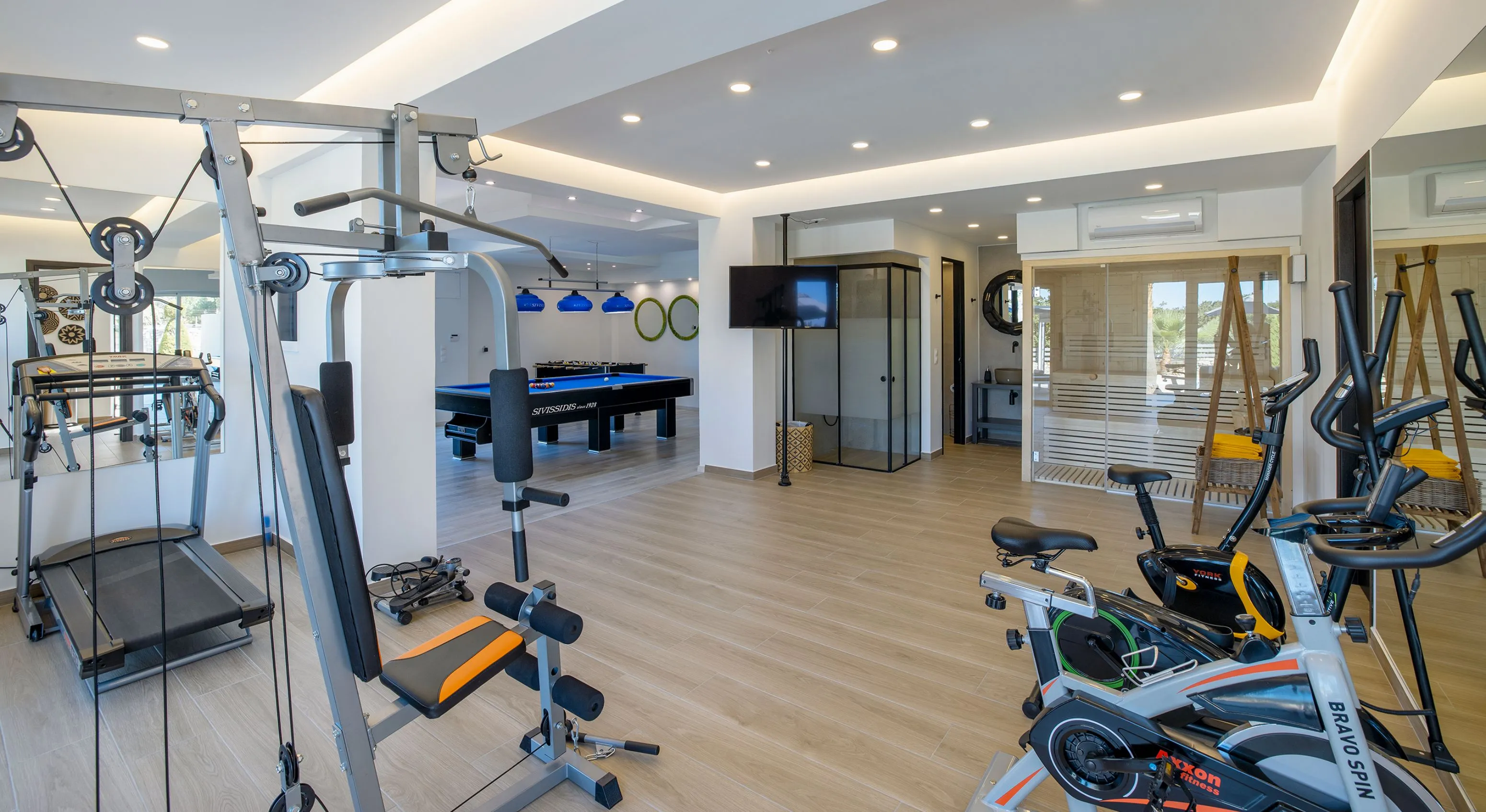 The Villa offers various facilities, including a gym, sauna and playroom.