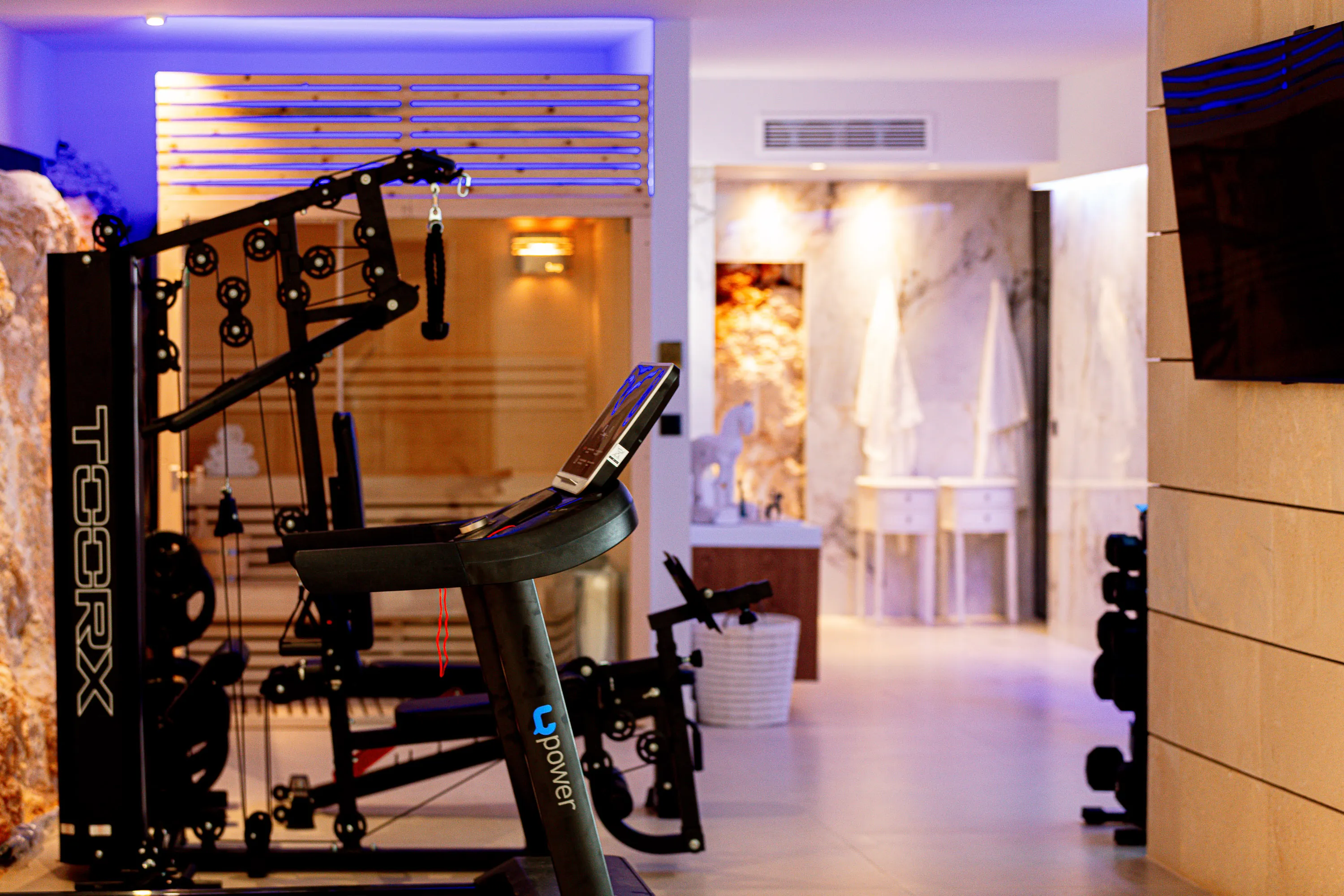 The fitness area is equipped with a Marathon Pro 4000 treadmill, a TOORX weight bench, free weights, and a 65” LG TV, ensuring you can maintain your routine during your stay