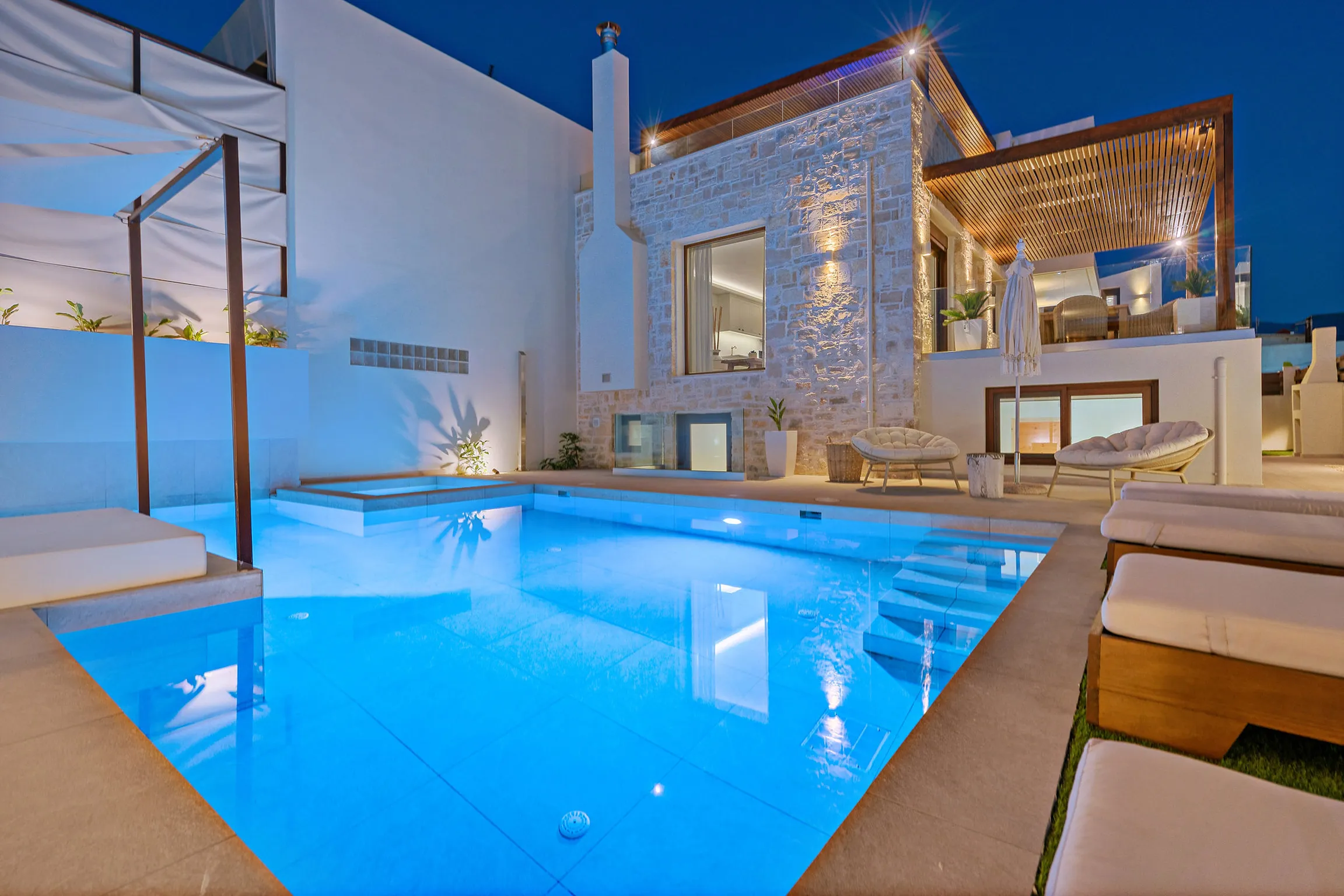 The Villa is wonderfully lit at night, creating a romantic vibe.